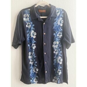 Tasso Elba Navy Blue 100% Silk Button-Front Hawaiian Floral Shirt Cruise Medium